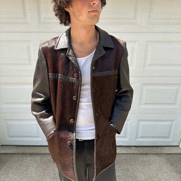 Vintage 70s Men's A Robert Lewis Idea Cowhair Leather Button Up Jacket Size 40 - Picture 1 of 7